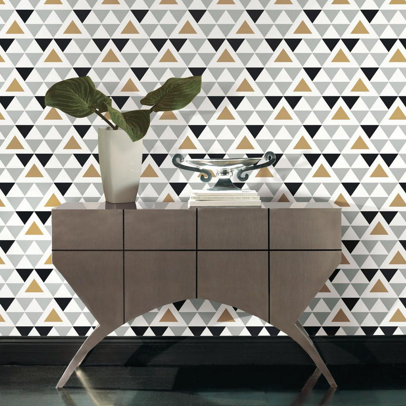 media image for Geometric Triangle Peel & Stick Wallpaper in Grey, Black, and Gold by RoomMates for York Wallcoverings 250