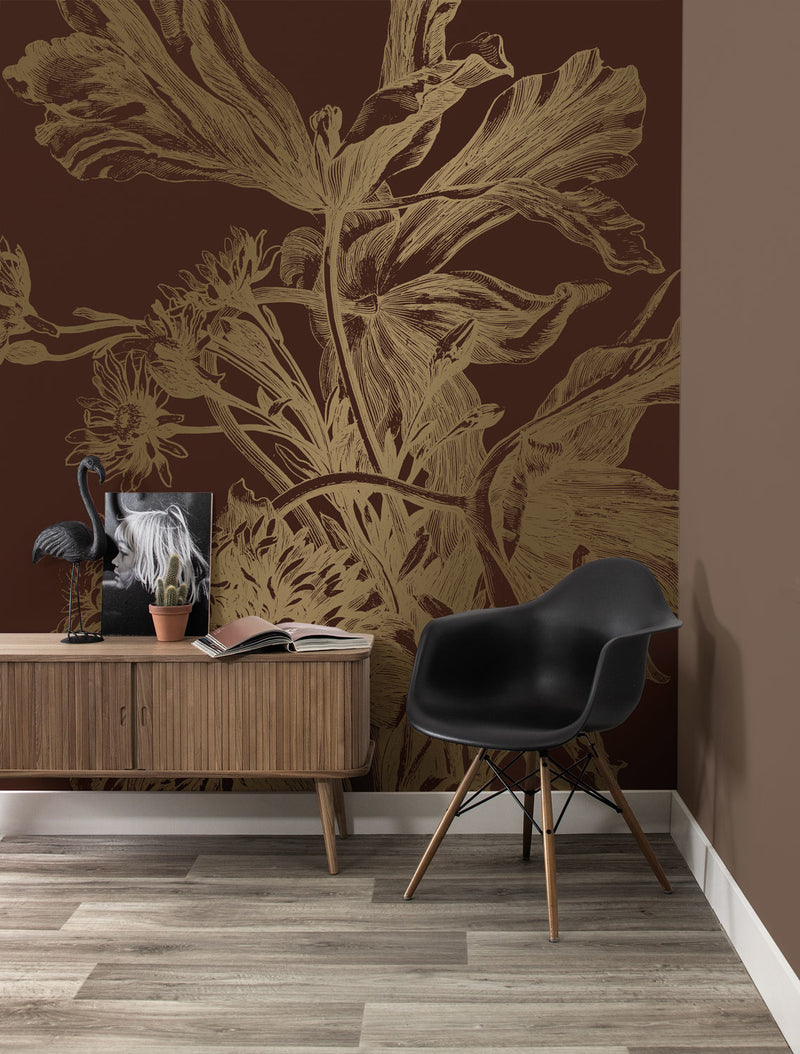 media image for Gold Metallic Wall Mural in Engraved Flowers Rust by Kek Amsterdam 244