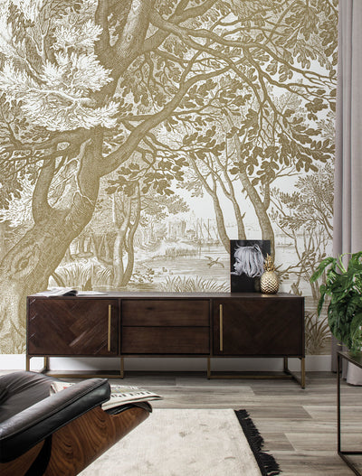 product image for Gold Metallic Wall Mural in Engraved Landscapes White by Kek Amsterdam 98