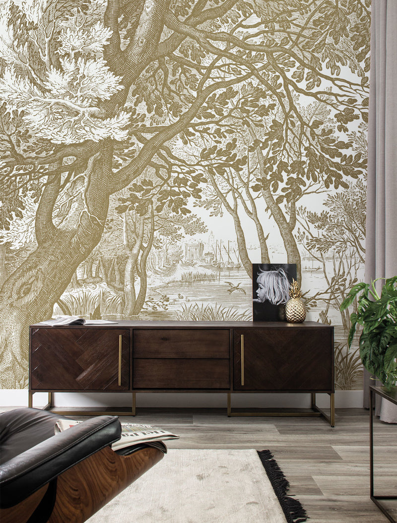 media image for Gold Metallic Wall Mural in Engraved Landscapes White by Kek Amsterdam 275