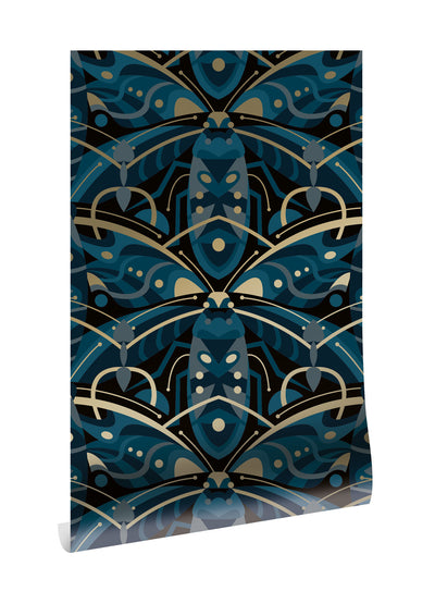 product image of Gold Metallic Wallpaper Art Deco Animaux in Beetle Blue by Kek Amsterdam 530