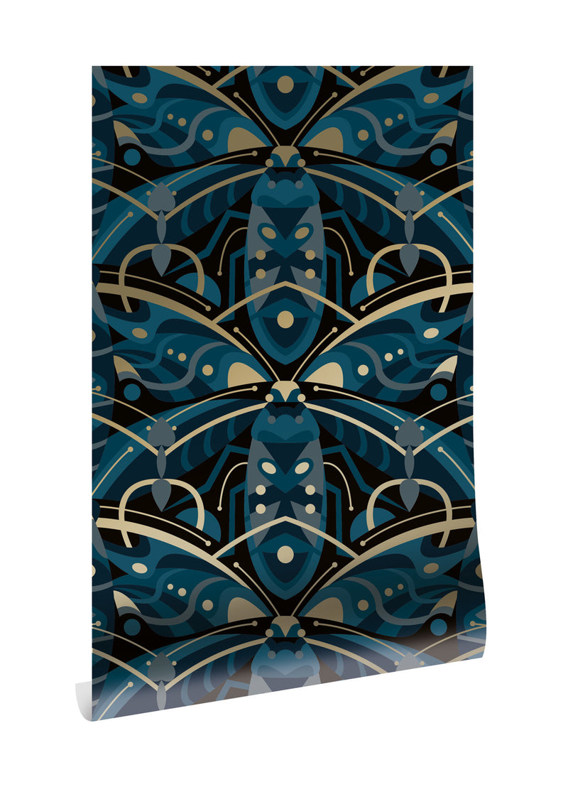 media image for Gold Metallic Wallpaper Art Deco Animaux in Beetle Blue by Kek Amsterdam 23