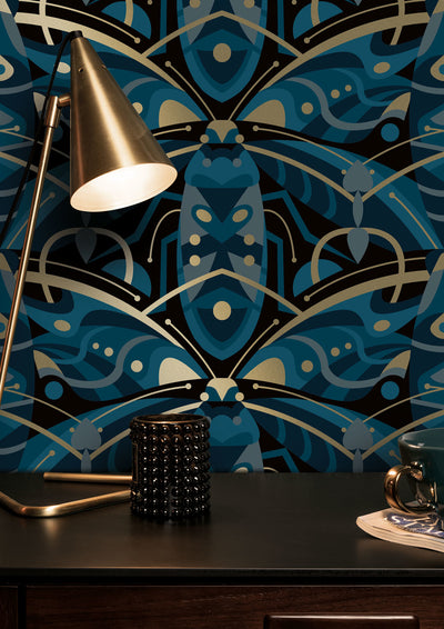 product image for Gold Metallic Wallpaper Art Deco Animaux in Beetle Blue by Kek Amsterdam 94