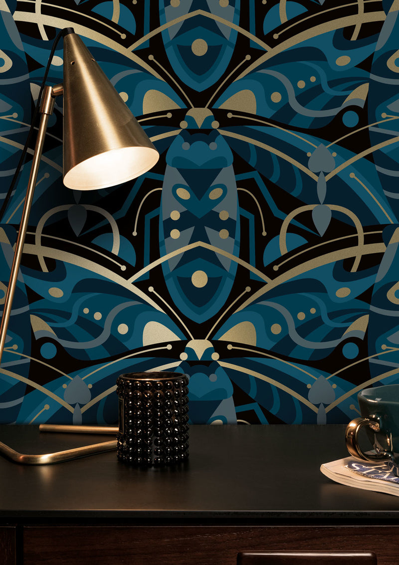 media image for Gold Metallic Wallpaper Art Deco Animaux in Beetle Blue by Kek Amsterdam 250
