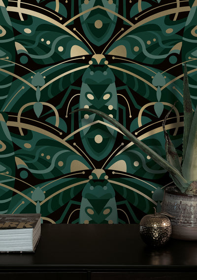 product image for Gold Metallic Wallpaper Art Deco Animaux in Beetle Green by Kek Amsterdam 55