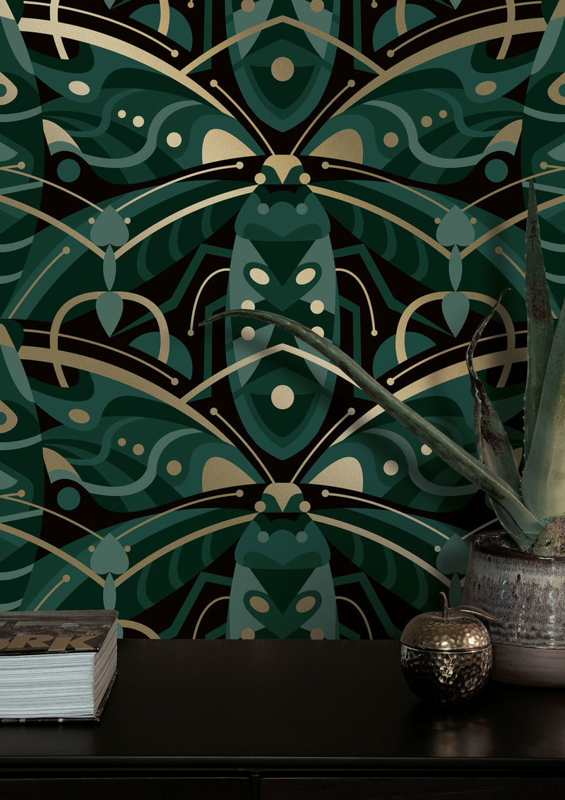 media image for Gold Metallic Wallpaper Art Deco Animaux in Beetle Green by Kek Amsterdam 278