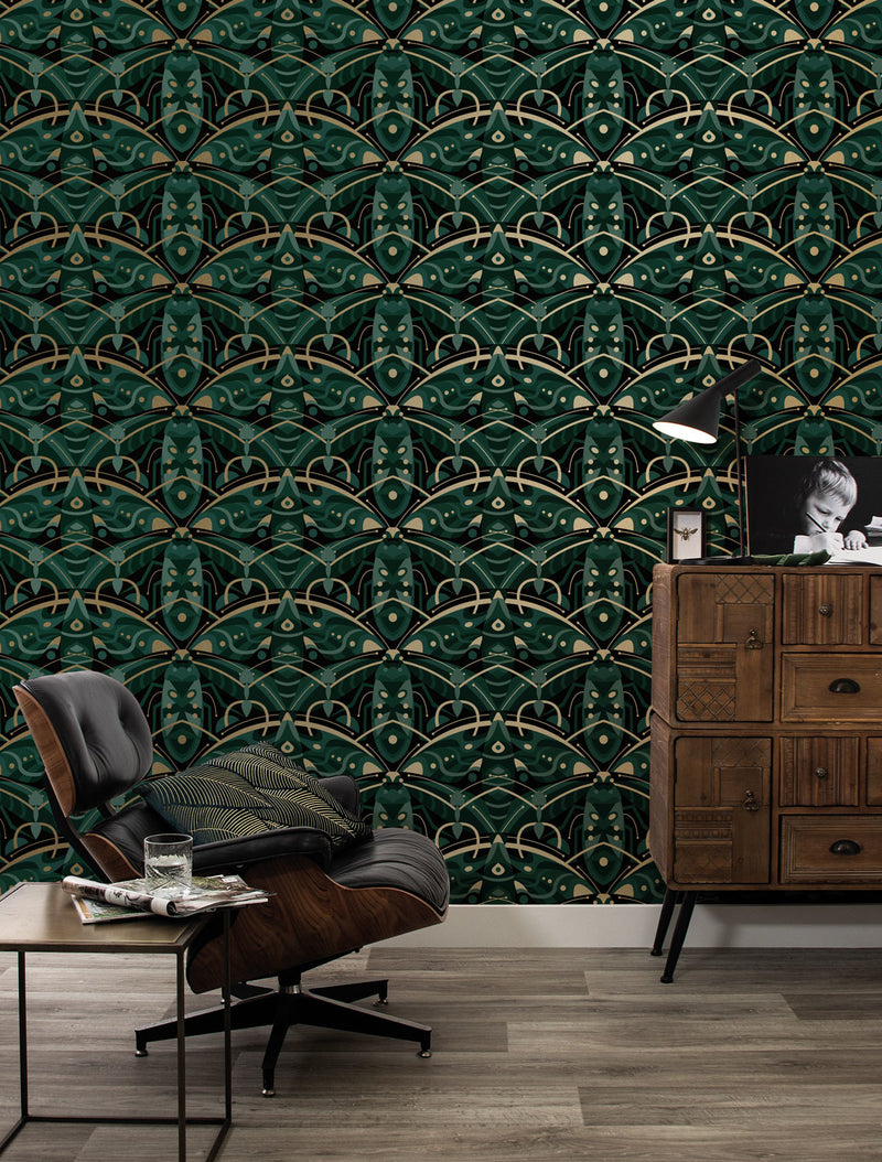 media image for Gold Metallic Wallpaper Art Deco Animaux in Beetle Green by Kek Amsterdam 238