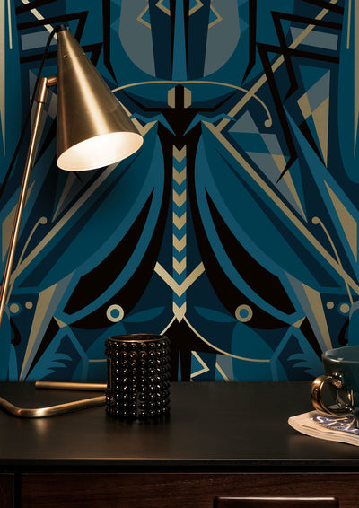 product image for Gold Metallic Wallpaper Art Deco Animaux in Grasshopper Blue by Kek Amsterdam 48