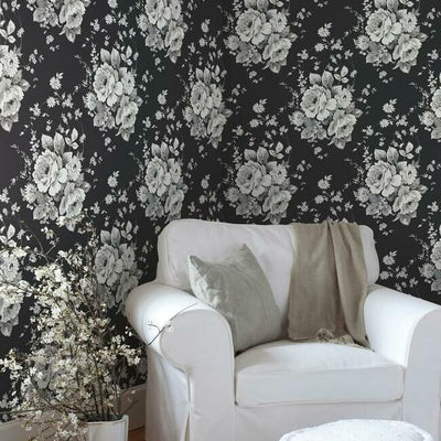 product image of Heritage Rose Wallpaper in Black and Grey from the Simply Farmhouse Collection by York Wallcoverings 541
