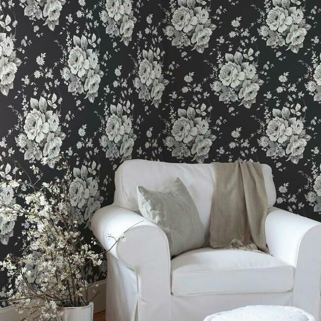 media image for Heritage Rose Wallpaper in Black and Grey from the Simply Farmhouse Collection by York Wallcoverings 24