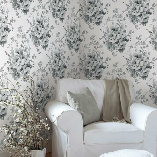 media image for Heritage Rose Wallpaper in White and Black from the Simply Farmhouse Collection by York Wallcoverings 210