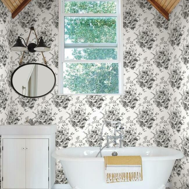 media image for Heritage Rose Wallpaper in White and Black from the Simply Farmhouse Collection by York Wallcoverings 249