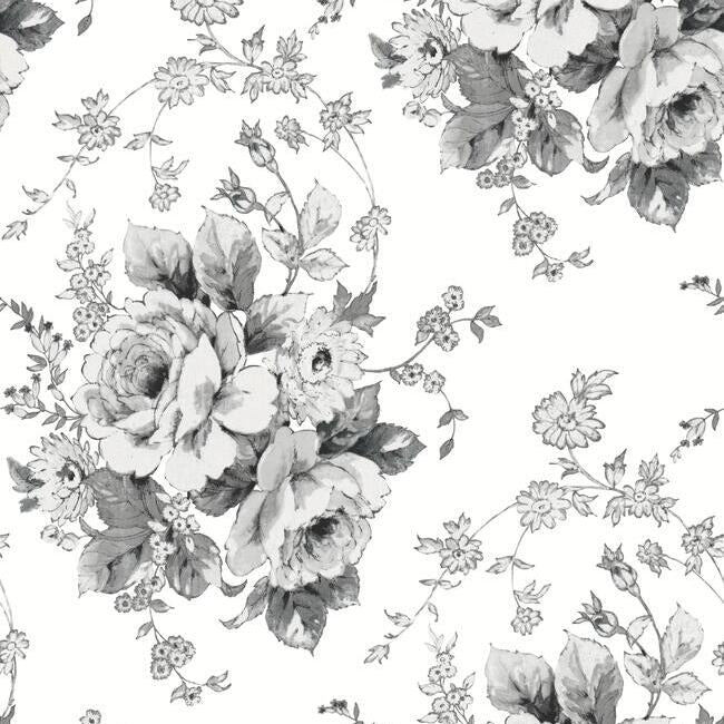 media image for Heritage Rose Wallpaper in White and Black from the Simply Farmhouse Collection by York Wallcoverings 291
