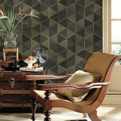 product image for Hexagram Wood Veneer Wallpaper in Brown and Black from the Traveler Collection by Ronald Redding 60