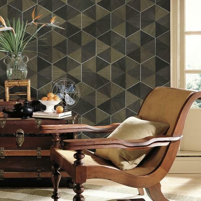 media image for Hexagram Wood Veneer Wallpaper in Brown and Black from the Traveler Collection by Ronald Redding 255