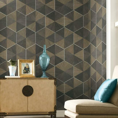 product image for Hexagram Wood Veneer Wallpaper in Brown and Black from the Traveler Collection by Ronald Redding 78