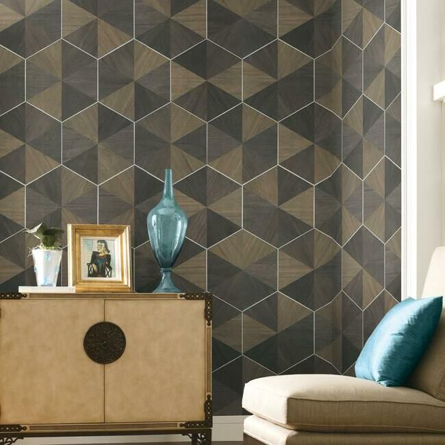 media image for Hexagram Wood Veneer Wallpaper in Brown and Black from the Traveler Collection by Ronald Redding 238