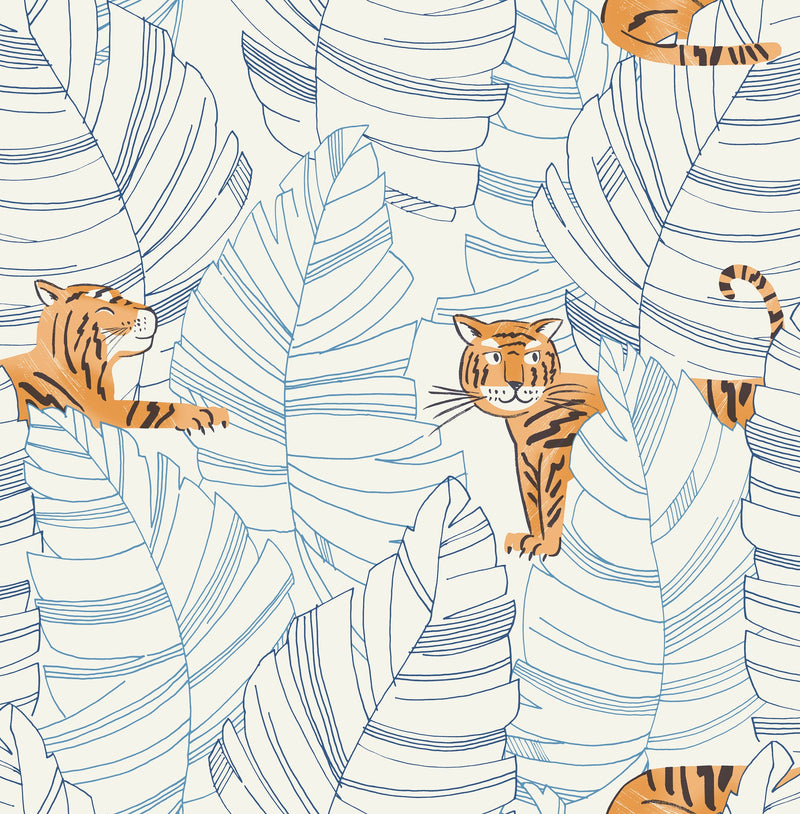 media image for Hiding Tigers Wallpaper in Orange and Sky Blue from the Day Dreamers Collection by Seabrook Wallcoverings 263