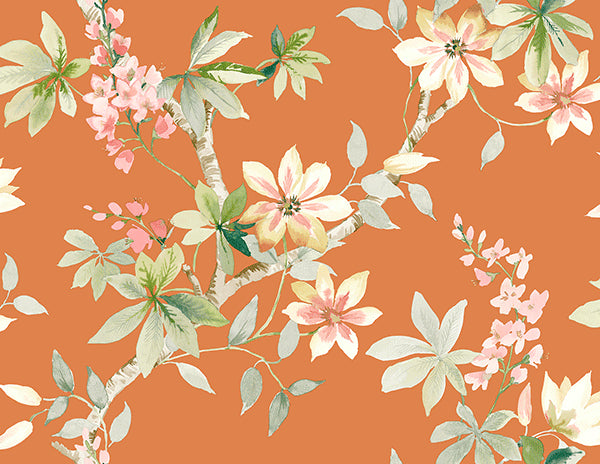 media image for Jasper Floral Wallpaper in Oranges and Greens by Carl Robinson for Seabrook Wallcoverings 227