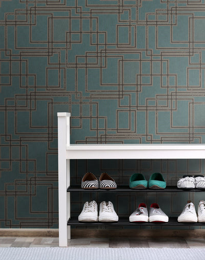 product image for Bauhaus Cityscape Wallpaper in Perry Teal and Warm Stone from the Mondrian Collection by Seabrook 54
