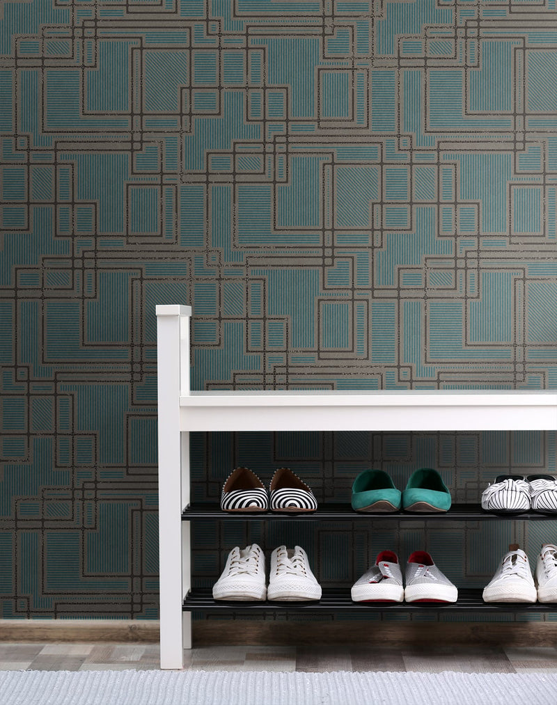 media image for Bauhaus Cityscape Wallpaper in Perry Teal and Warm Stone from the Mondrian Collection by Seabrook 258
