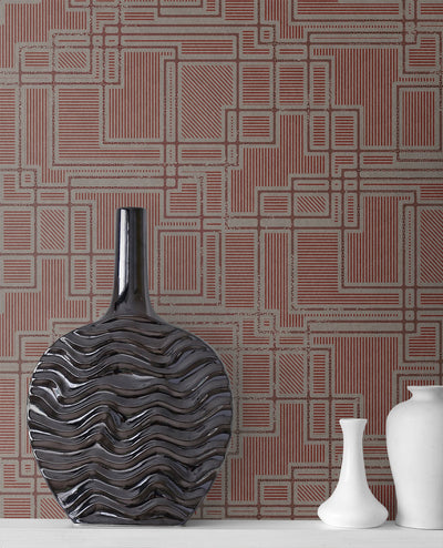 product image of Bauhaus Cityscape Wallpaper in Burgundy and Graphite from the Mondrian Collection by Seabrook 539