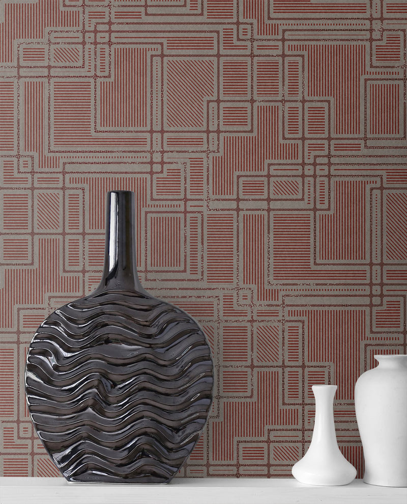 media image for Bauhaus Cityscape Wallpaper in Burgundy and Graphite from the Mondrian Collection by Seabrook 281