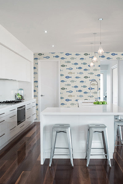 media image for Key West Blue Fish Wallpaper from the Seaside Living Collection by Brewster Home Fashions 246