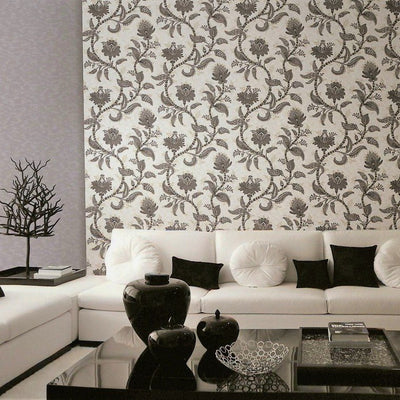 product image for Larina Floral Textured Wallpaper in Black and Metallic Pearl by BD Wall 34
