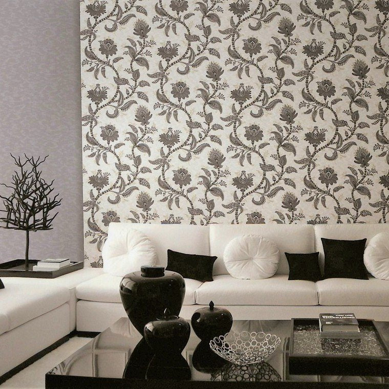 media image for Larina Floral Textured Wallpaper in Black and Metallic Pearl by BD Wall 276