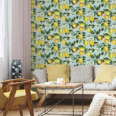 product image for Lemon Zest Peel & Stick Wallpaper in Yellow and Blue by RoomMates for York Wallcoverings 79