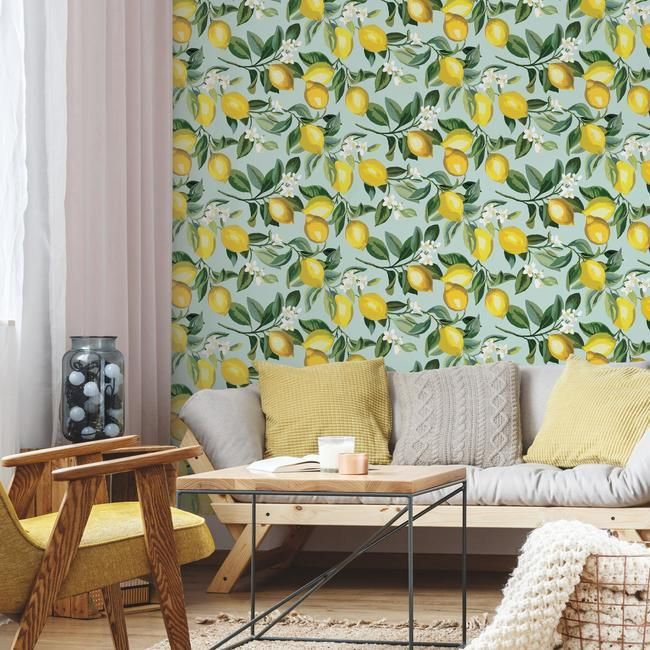 media image for Lemon Zest Peel & Stick Wallpaper in Yellow and Blue by RoomMates for York Wallcoverings 283
