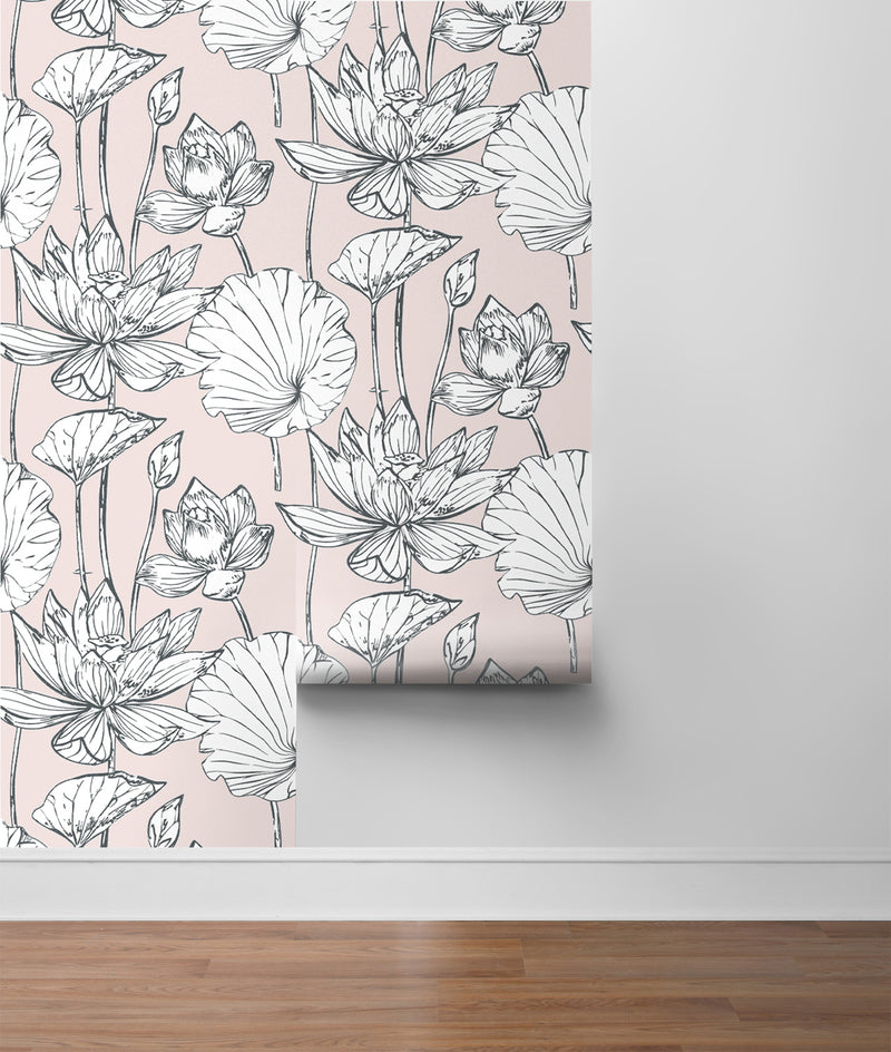 media image for Lotus Floral Peel-and-Stick Wallpaper in Blush and Ebony by NextWall 21