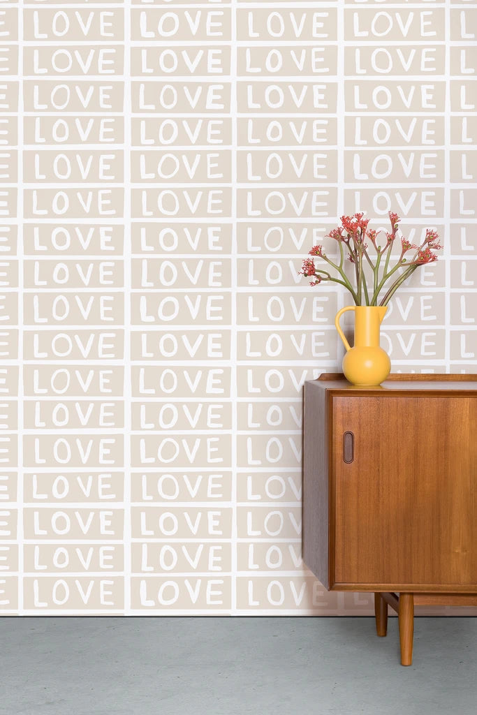 media image for Love Wallpaper in Taupe on White by Larry Yes for Thatcher Studio 291