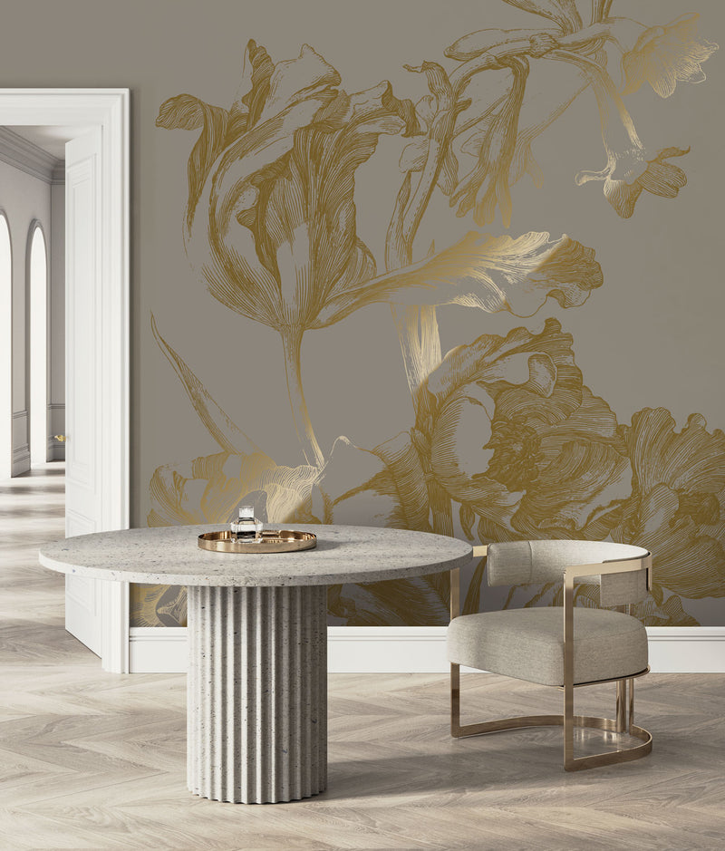 media image for Gold Metallic Wall Mural No. 1 Engraved Flowers in Grey 262