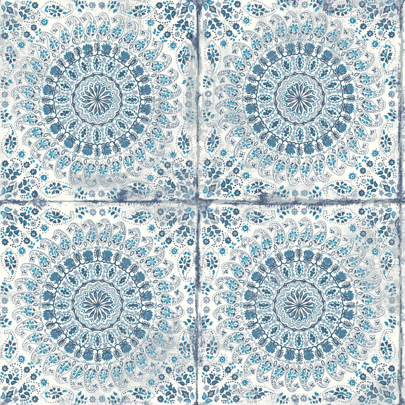 media image for Mandala Boho Tile Wallpaper in Cerulean and Washed Denim from the Boho Rhapsody Collection by Seabrook Wallcoverings 279