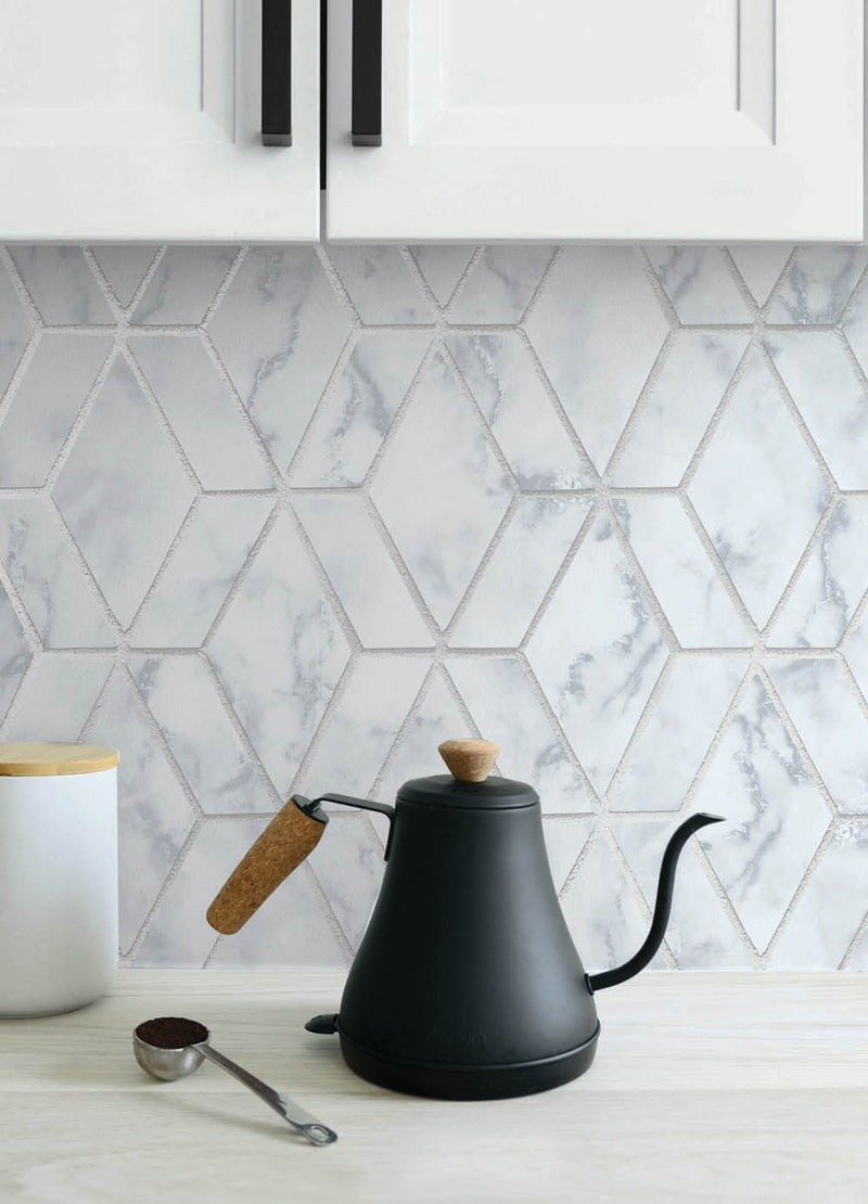 media image for Marble Tile Peel-and-Stick Wallpaper in Grey and Metallic Silver by NextWall 283