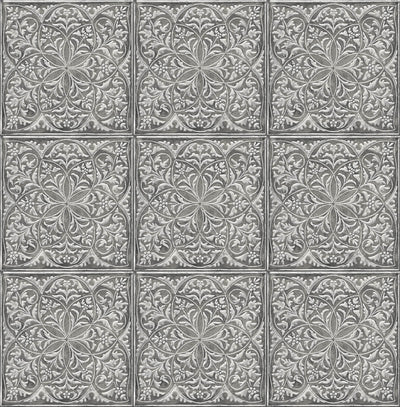 product image of Faux Embossed Tile Peel-and-Stick Wallpaper in Silver and Charcoal by NextWall 563
