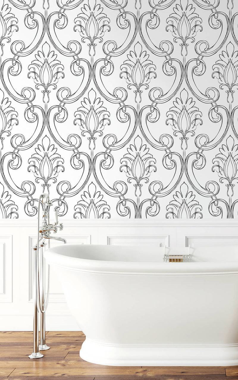 media image for Sketched Damask Peel-and-Stick Wallpaper in Ebony by NextWall 280