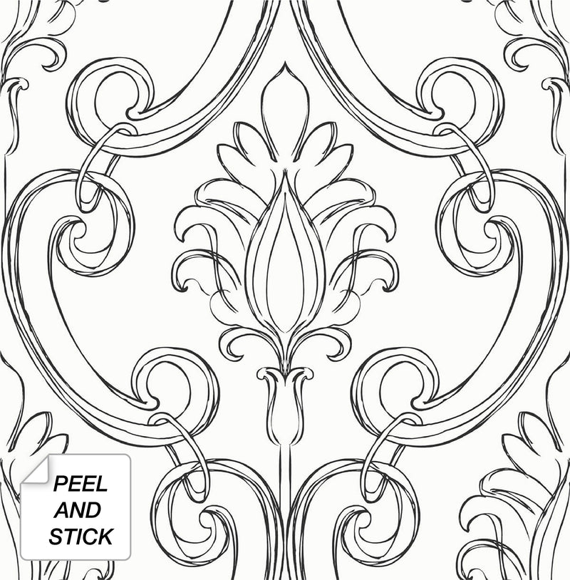 media image for Sketched Damask Peel-and-Stick Wallpaper in Ebony by NextWall 258