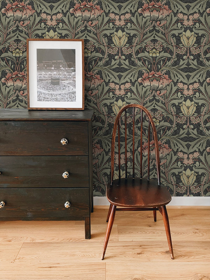 media image for Acanthus Floral Charcoal & Rosewood Peel-and-Stick Wallpaper by NextWall 240