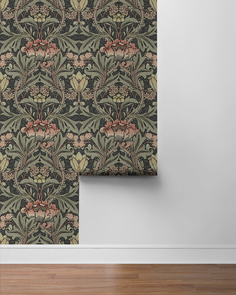 media image for Acanthus Floral Charcoal & Rosewood Peel-and-Stick Wallpaper by NextWall 240