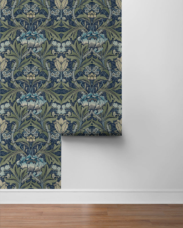media image for Acanthus Floral Peel & Stick Wallpaper in Denim & Sage 267