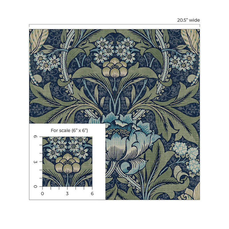 media image for Acanthus Floral Peel & Stick Wallpaper in Denim & Sage 28