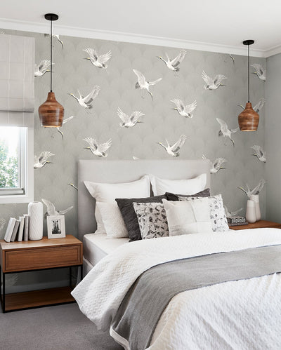 product image for Cranes Argos Grey Peel-and-Stick Wallpaper by NextWall 4