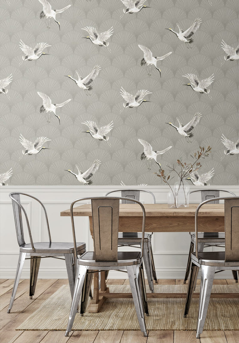 media image for Cranes Argos Grey Peel-and-Stick Wallpaper by NextWall 275