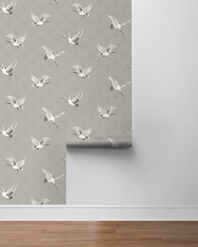 media image for Cranes Argos Grey Peel-and-Stick Wallpaper by NextWall 219