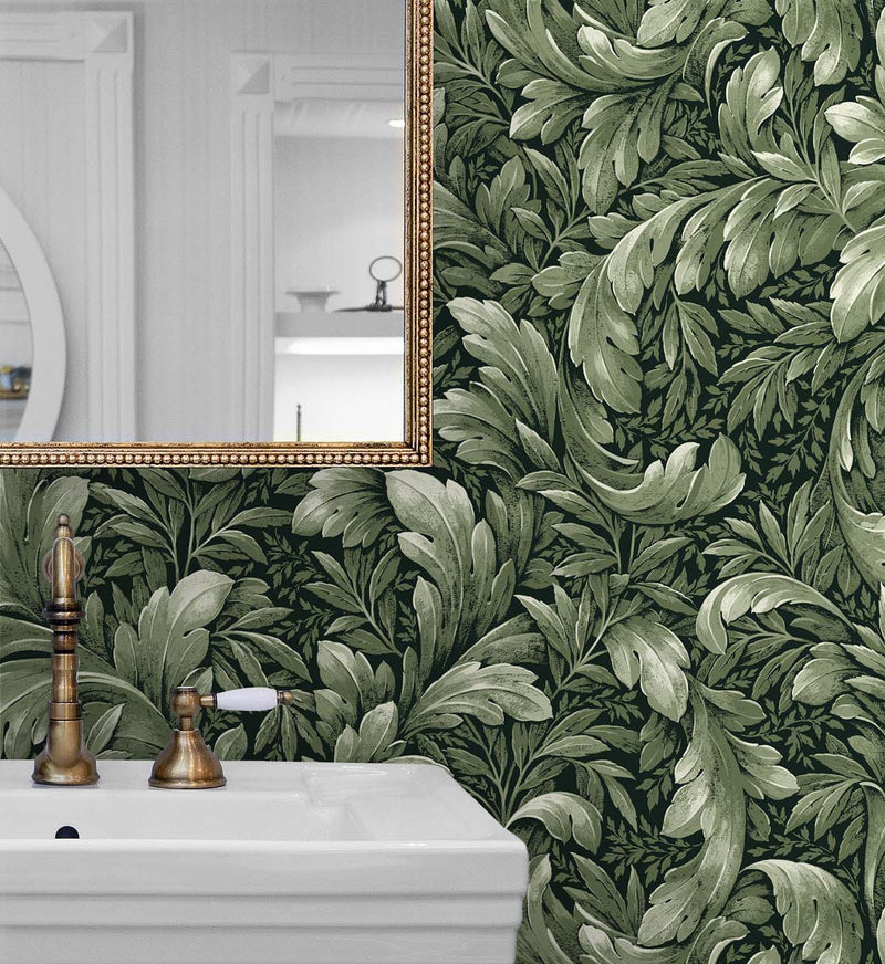 media image for Acanthus Trail Forest Green Peel-and-Stick Wallpaper by NextWall 215