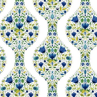 product image of Floral Ogee Peel-and-Stick Wallpaper in Cobalt & Spring Green 518
