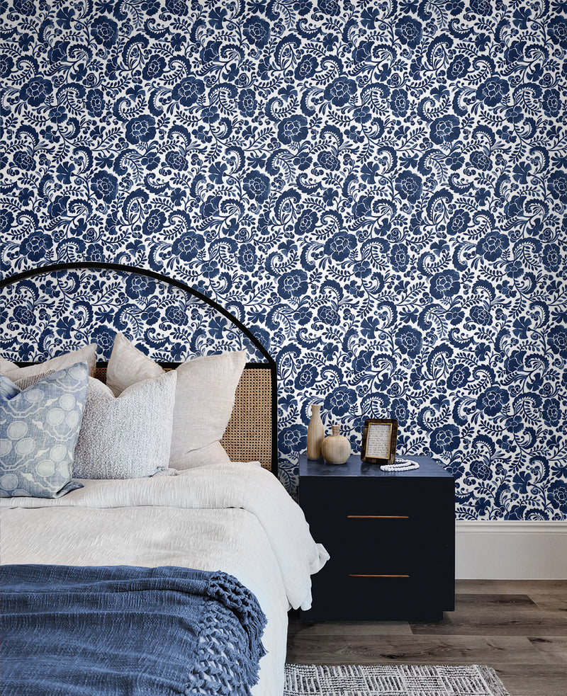 media image for Tonal Paisley Peel-and-Stick Wallpaper in Navy 286